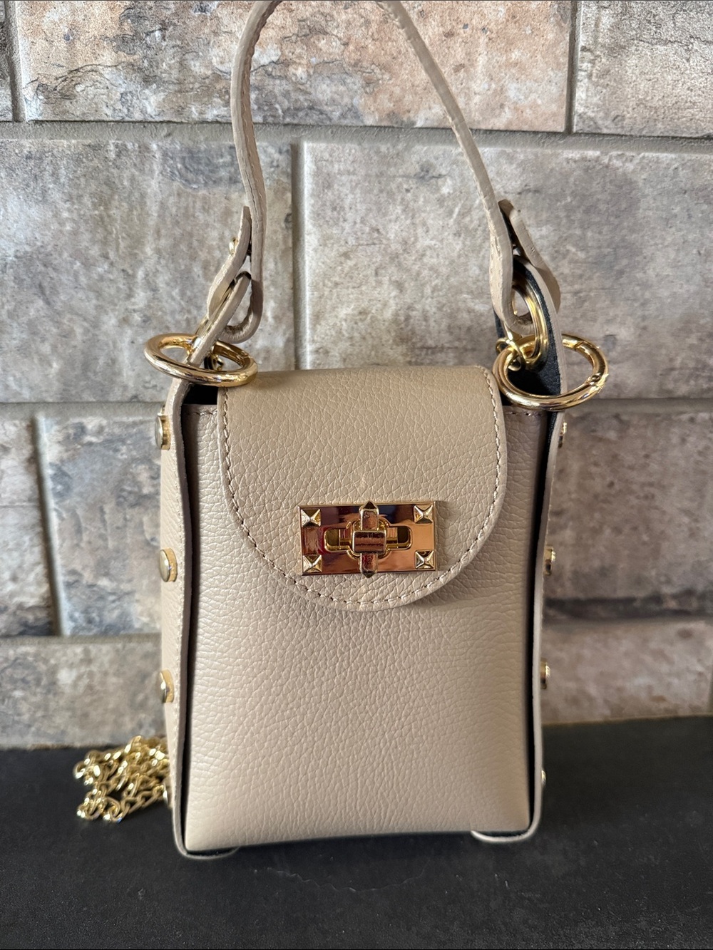 Anna Paola Beige Leather Crossbody Phone Bag with Gold Hardware